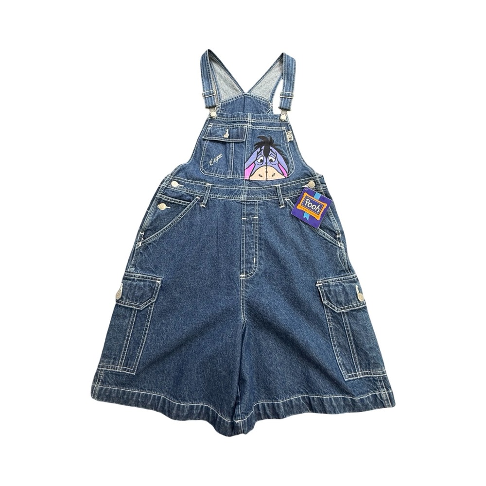 Pooh Denim Overall Shorts Womens M 32x10 Blue Eeyore Vintage Cotton Deadstock